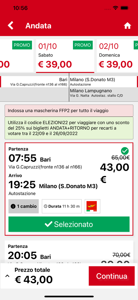 Pantalla de reserva de billetes de autobús de la aplicación MarinoBus que muestra una selección de billetes de autobús de Bari a Milán por 43 euros