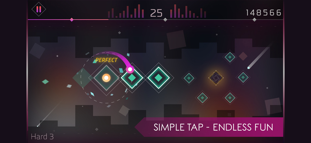 Beat Tiles: Rhythmatic tap - Beat Tilesのゲームプレイのスクリーンショット。ネオンボールがダイヤモンドタイルを飛び乗っており、未来的な音楽ビジュアライザーが表示されている