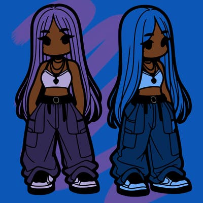 girl in baggy pants crop top and long hair