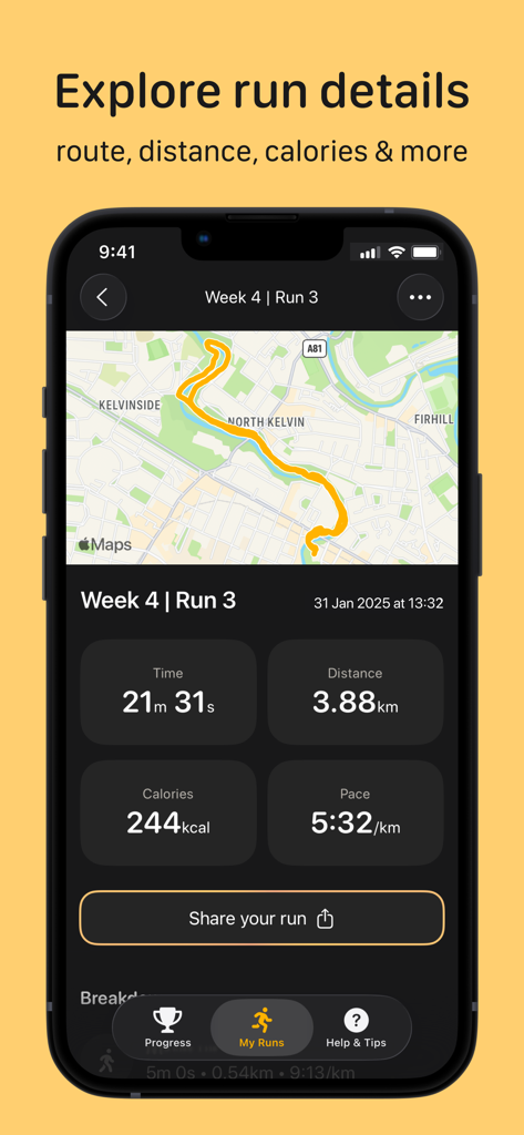 Watch to 5K－Couch to 5km plan - Pantalla del iPhone que muestra el resumen de carrera de Watch to 5K con un mapa de ruta y estadísticas de entrenamiento