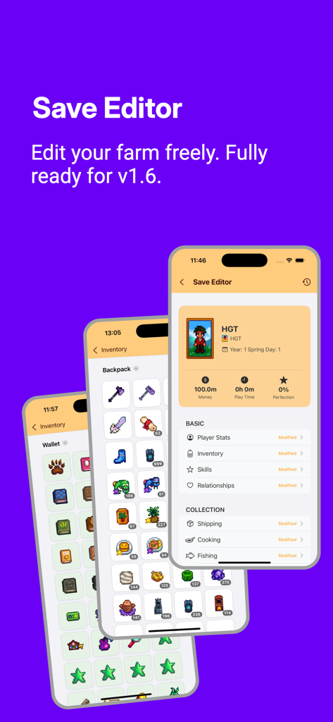 Stardew Guide & Tracker - Interfaz del editor de guardados de la aplicación Guía y Rastreador de Stardew que muestra estadísticas del personaje y gestión de inventario