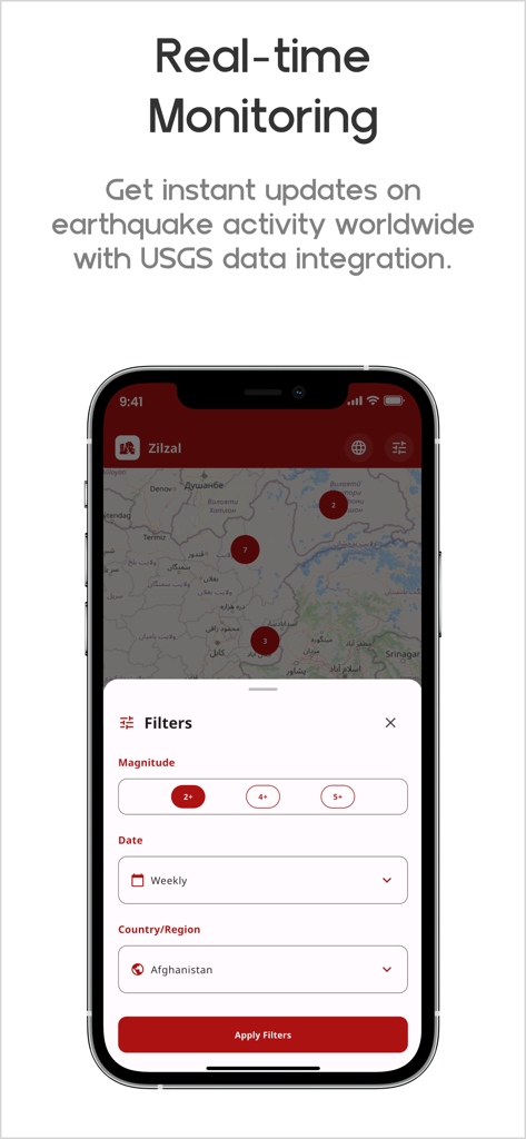 Zilzal - L'interface de l'application Zilzal montrant une carte de surveillance des séismes en temps réel et des options de filtre personnalisées pour la magnitude et la région.