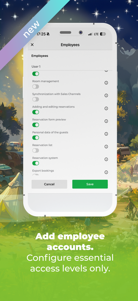Interface permettant de gérer les autorisations et les niveaux d'accès des comptes employés dans l'application BedBooking.