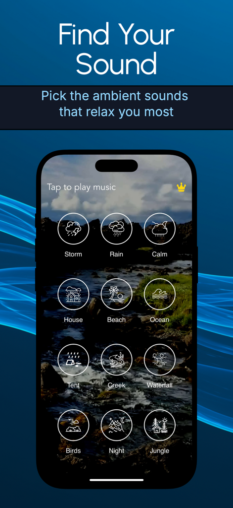 Relaxing Nature Sleep Sounds - Interfaz de usuario de la aplicación Sonidos Relajantes de la Naturaleza para Dormir que presenta una variedad de iconos de sonidos ambientales de la naturaleza sobre un fondo escénico.