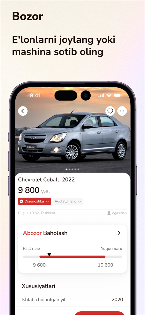 Abozor - Abozorアプリのスクリーンショット。Chevrolet Cobaltの車のリスティングと価格評価ツールを表示しています。