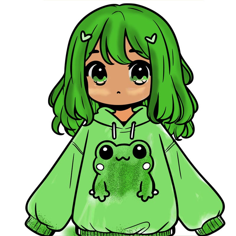 girl wearing frogging sweatshirt
