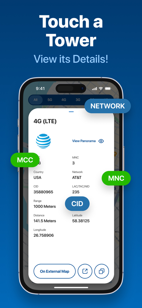 A mobile screen showing detailed technical data for a 4G LTE cell tower including location and carrier information
