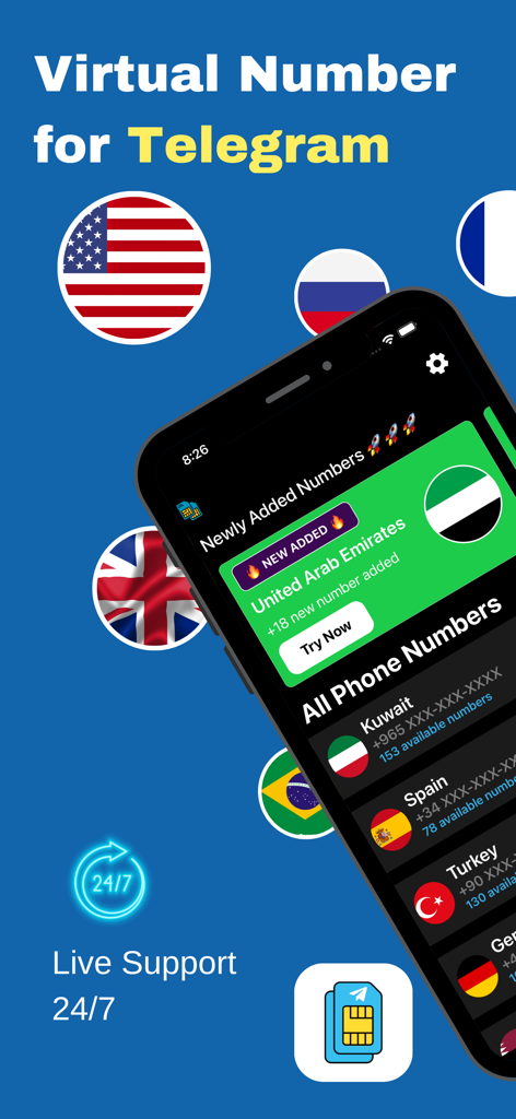 Smartphone screen showing the Virtual Number for Telegram app with global phone number options and 24/7 live support.