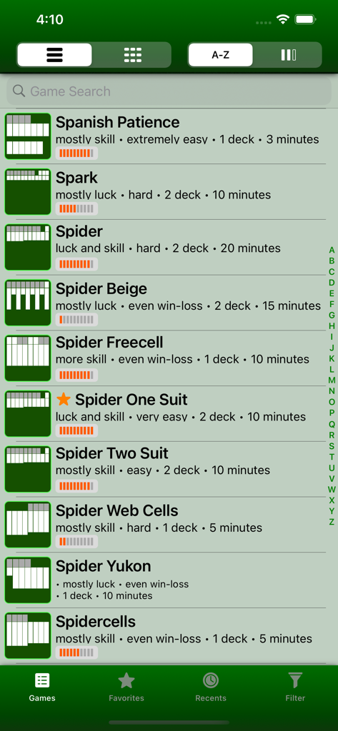700 Solitaire Games Collection - A list of various solitaire game versions in the app including Spider and Spanish Patience variants with game statistics.