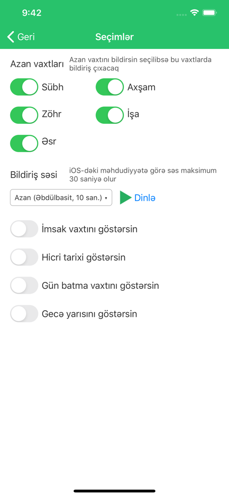 Menu impostazioni dell'app Namaz vaxti che mostra gli interruttori delle notifiche degli orari di preghiera e le opzioni audio