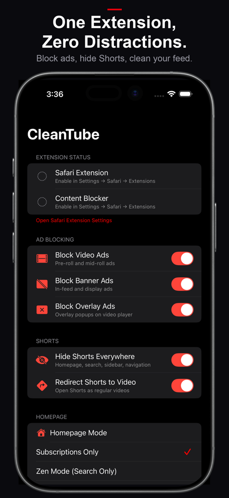 CleanTube: Distraction Blocker - Interfaz de la aplicación CleanTube que muestra opciones para bloquear anuncios de YouTube y ocultar Shorts