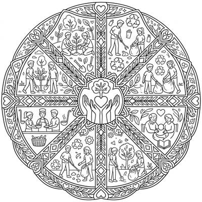 Celebrate the spirit of giving back with this unique mandala coloring page dedicated to teenage volunteers. Each intricate segment illustrates young people making a positive impact in their communities, offering a truly inspiring and engaging art activity.