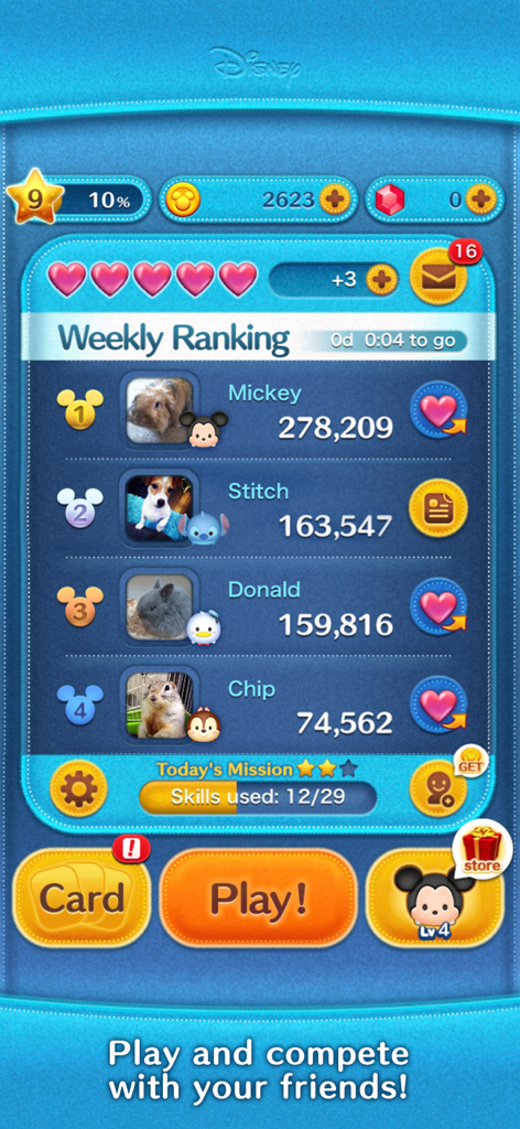 Pantalla de la tabla de clasificación de ranking semanal en la aplicación móvil LINE Disney Tsum Tsum, mostrando puntuaciones de jugadores y perfiles de amigos.