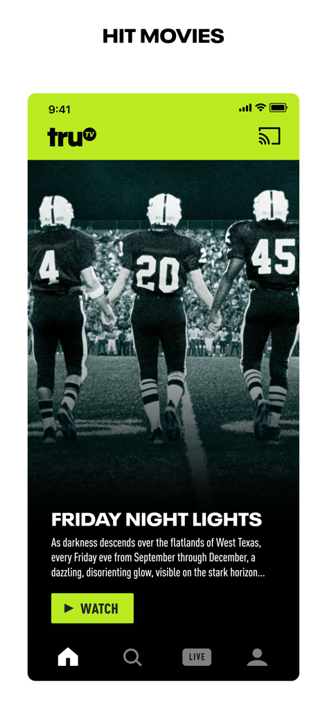 truTV - Interface de l'application truTV montrant le film Friday Night Lights dans la section des films à succès