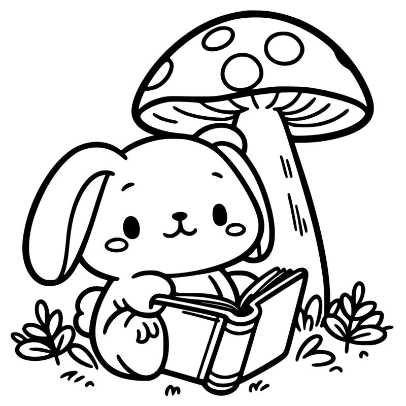 a bunny reading a book under a mushroom