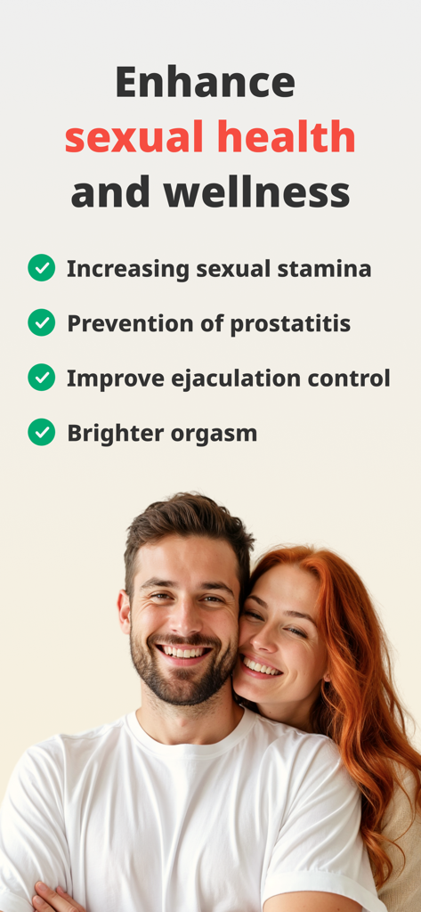 Kegel Master: men’s exercises - Vorteile der Kegel Master App für Männer, einschließlich erhöhter sexuelle Ausdauer und Ejakulationskontrolle, neben einem glücklichen Paar gezeigt.