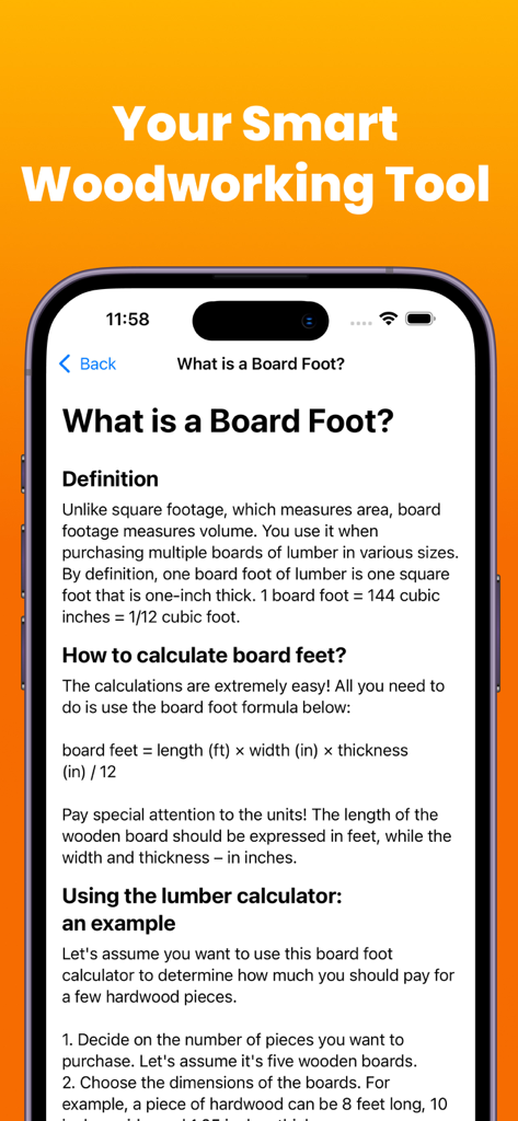Board Foot Calculate - Screenshot of the Board Foot Calculate app showing the definition and formula for calculating board feet of lumber.