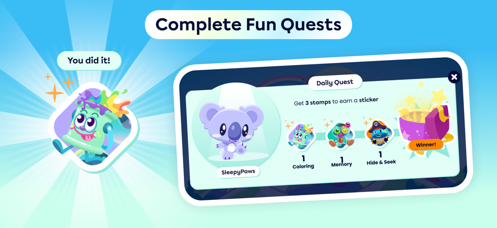 Bildschirm für tägliche Quests in Moshi Play, der Sticker-Belohnungen für Kinder zeigt, die Bildungsaktivitäten abschließen
