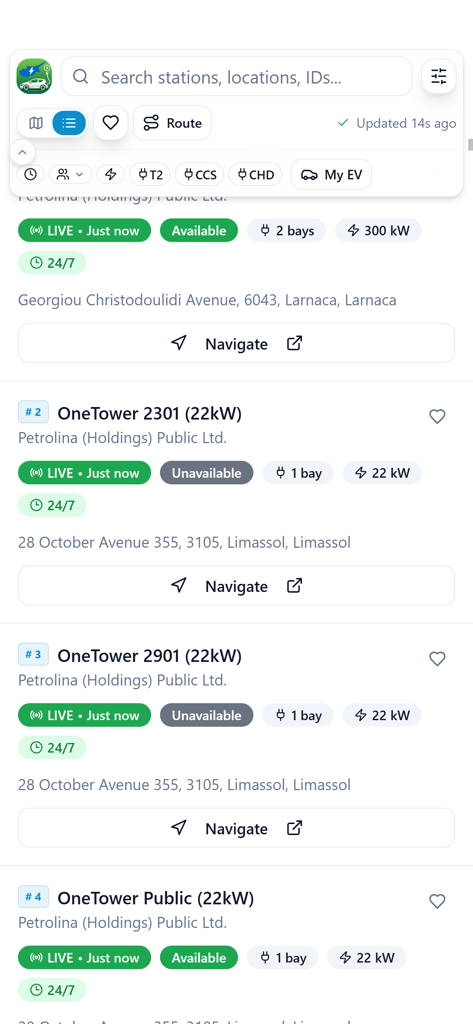 EVchargeCyprus - List of available electric vehicle charging stations in Cyprus with real-time status and power details