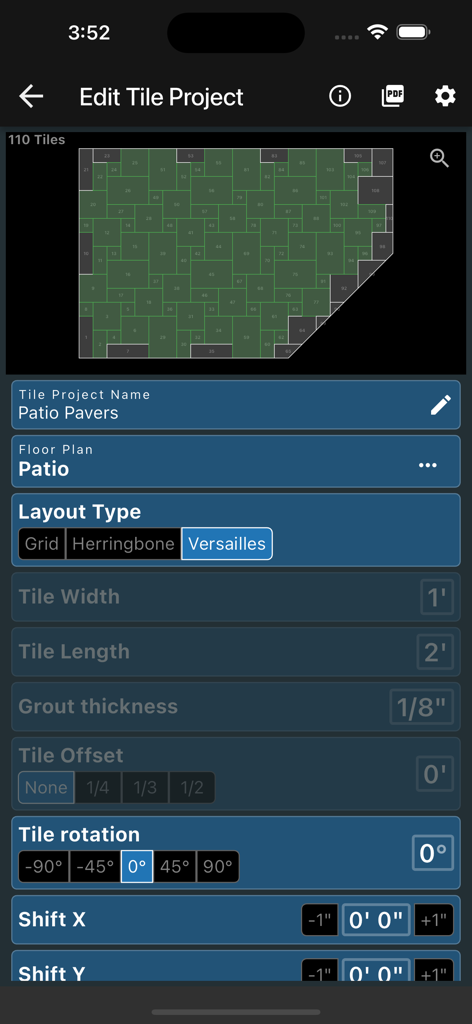 Interface de l'application Calculatrice Pieds et Pouces montrant un éditeur de projet de carrelage avec une disposition de motif Versailles pour les pavés de patio.