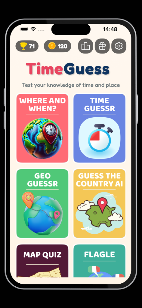 Menú principal de la aplicación TimeGuess mostrando diferentes modos de juego de trivia de historia y geografía