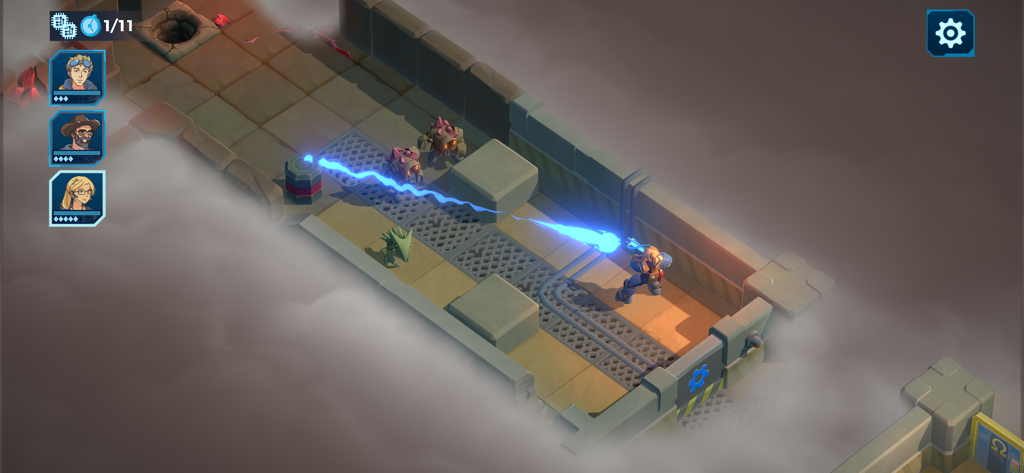 Spacelandの戦術的ターン制戦闘で、エイリアンモンスターに青いプラズマ兵器を発射しているキャラクター。