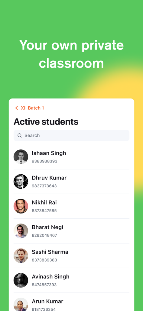A list of active students with profile photos and names in a private virtual classroom on the Wise app.