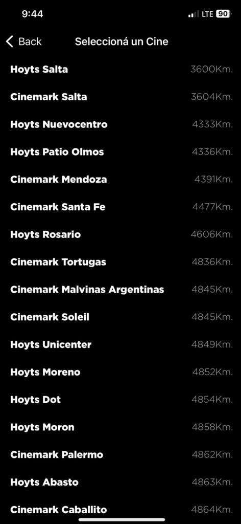 List of movie theater locations in Argentina within the Cinemark Hoyts app showing names and distances