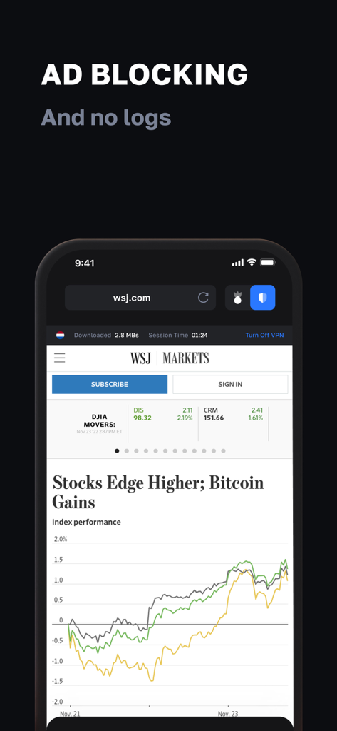 Buddy Onion: Tor Browser & VPN - Pantalla de smartphone mostrando el navegador Buddy Onion con funciones de bloqueo de anuncios y sin registros habilitadas mientras se navega por un sitio web de noticias financieras.