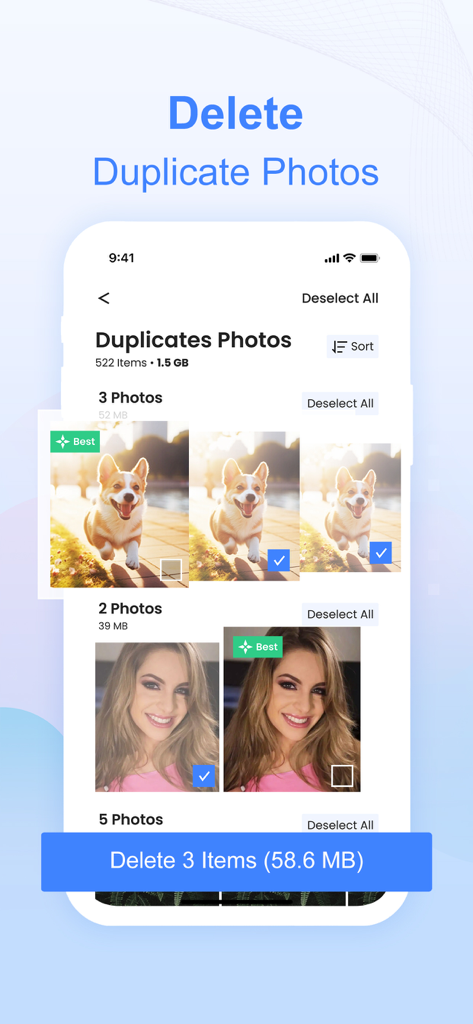 Interfaz de la aplicación One Cleaner que muestra la detección y eliminación por IA de fotos duplicadas para ahorrar almacenamiento.