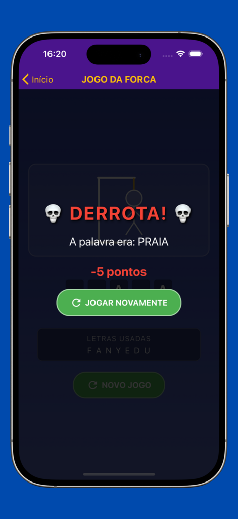 Jogo Forca - A game over screen in the Jogo Forca hangman app showing the word Praia and a defeat message in Portuguese.