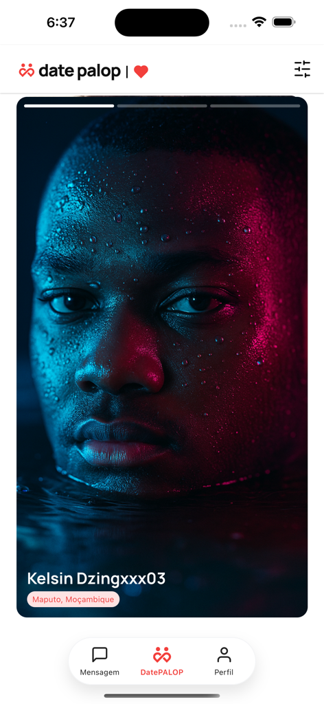 DatePALOP - Screenshot of DatePALOP dating app showing a user profile from Maputo Mozambique with a portrait photo