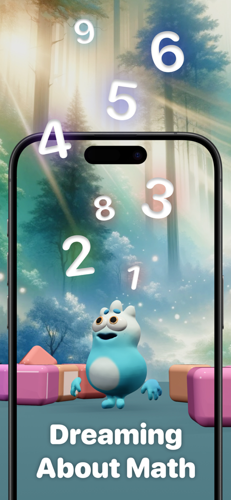 Times Tables, Math: Artie PRO - El personaje 3D azul Artie en un bosque mágico con números flotantes y el texto Soñando con las Matemáticas.