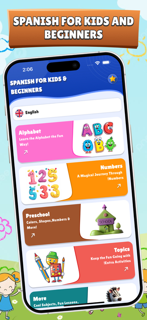Spanish for Kids and Beginners - Main menu screen of Spanish for Kids and Beginners app with categories for alphabet and numbers