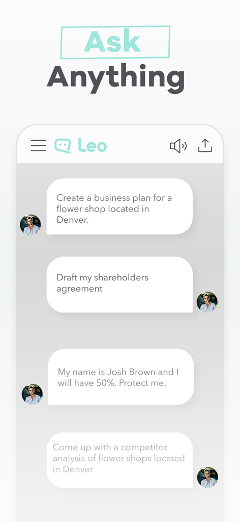 Interfaccia del chatbot Leo AI che mostra prompt per piani aziendali e stesura di documenti legali.