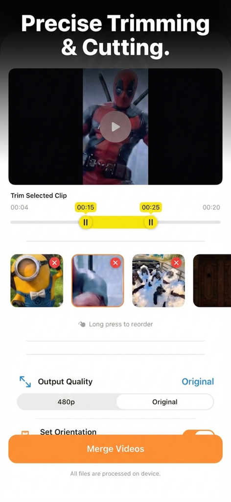 Offline Video Converter & Tool - 비디오 타임라인 및 병합 옵션이 있는 정확한 트리밍 및 자르기 도구를 보여주는 오프라인 비디오 변환기 앱 인터페이스