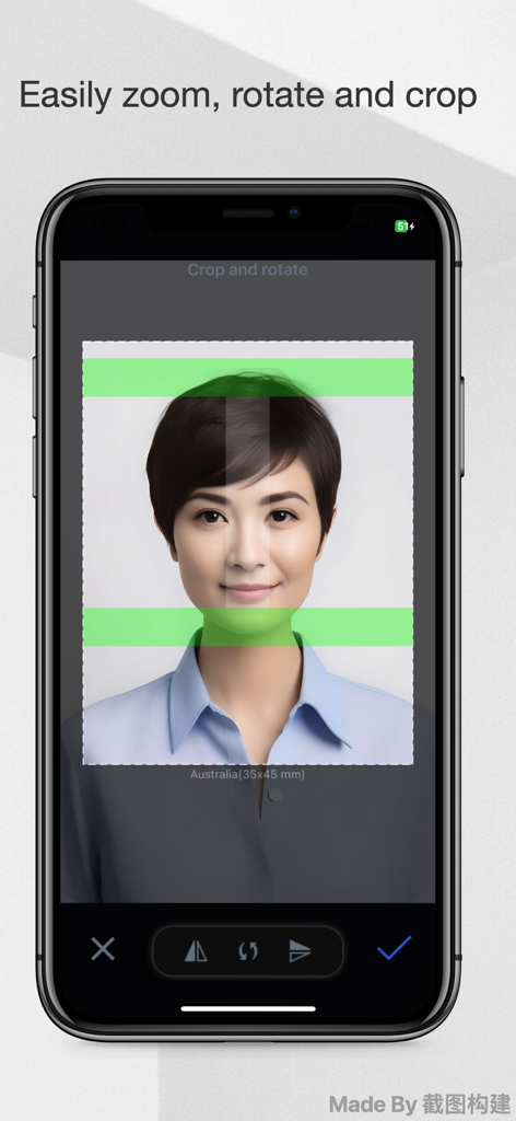 Passport Photo - IDPhoto4You - Interfaz de aplicación móvil para hacer zoom, rotar y recortar una foto para una foto de pasaporte australiano
