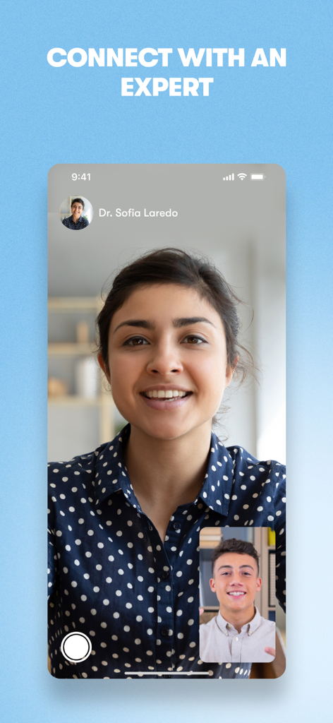 A video call interface within the Fortify app showing a user connecting with a professional expert for a teletherapy session.