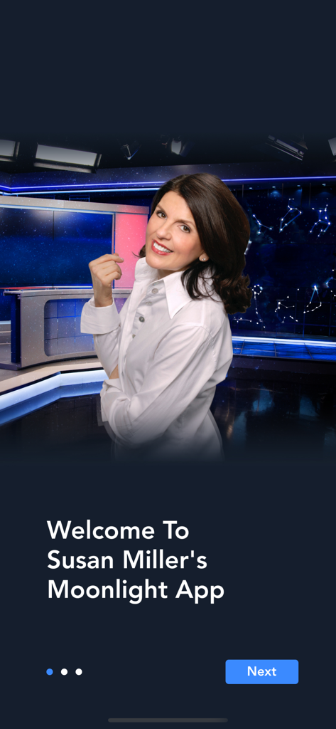 Moonlight Phases, Susan Miller - Welcome screen for Susan Miller's Moonlight App showing her portrait and a next button