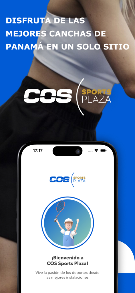 COS Sports Plaza - Pantalla de bienvenida de la aplicación COS Sports Plaza en un iPhone con un personaje deportivo e información de reserva.
