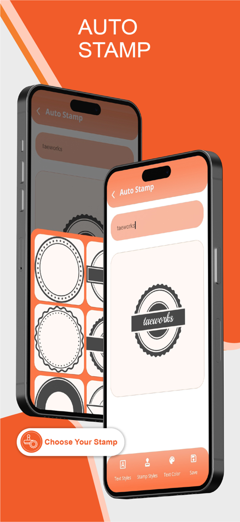 Digital Signature Stamp E Sign - App interface displaying the auto stamp feature with various professional stamp templates