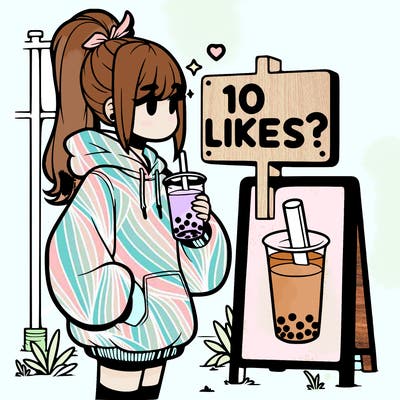 girl with oversized hoodie drinking boba and she has a high ponytail with a sign that says 10likes?