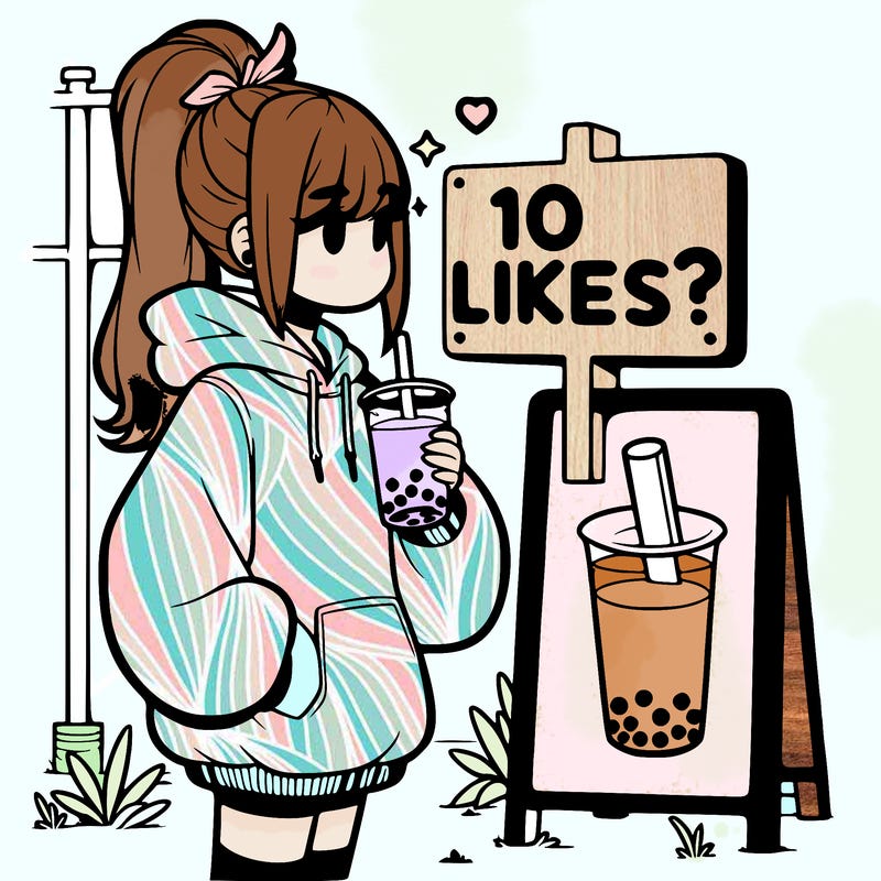 girl with oversized hoodie drinking boba and she has a high ponytail with a sign that says 10likes?