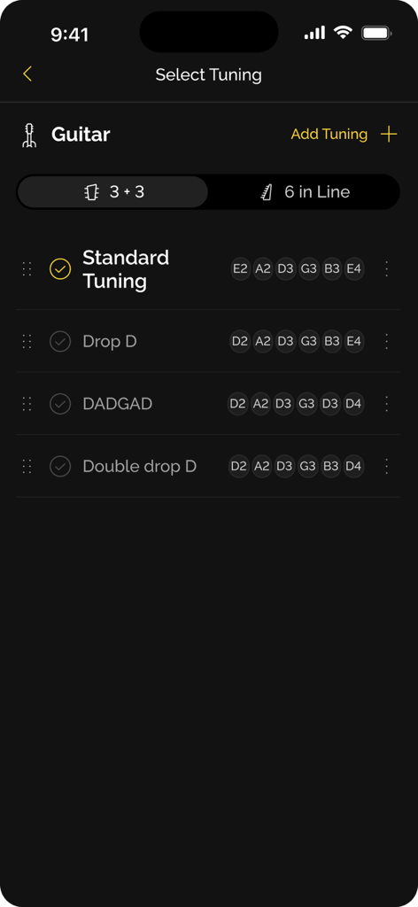 Vocaberry Tuner - Interfaz de la aplicación Vocaberry Tuner mostrando una lista de preajustes de afinación de guitarra como Afinación Estándar y Drop D