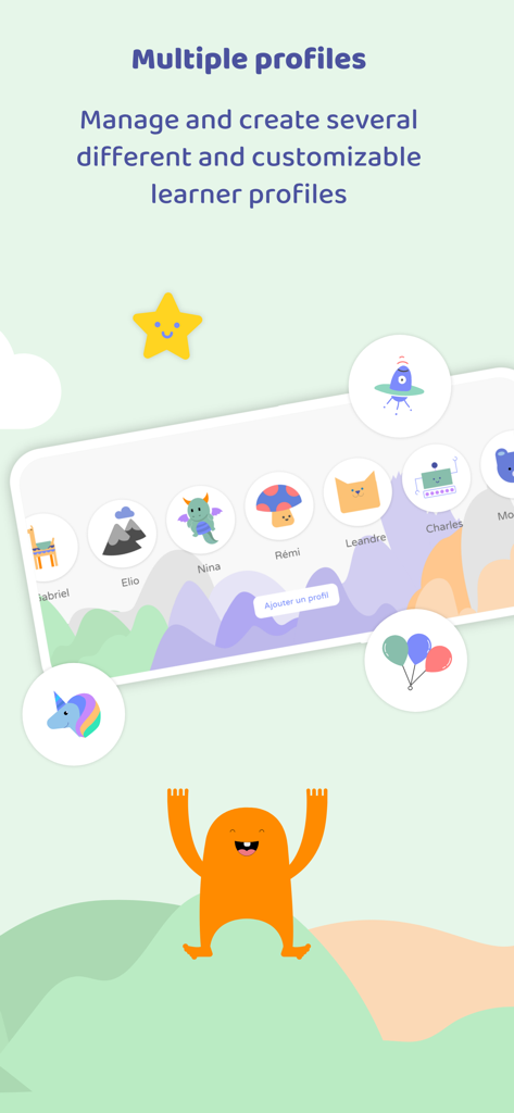 EMOFACE Play & Learn emotions - Interface of EMOFACE app for managing and creating multiple customizable learner profiles with colorful icons.