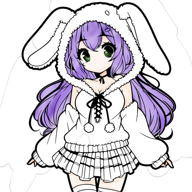 pretty anime girl wearing a fluffy hoodie with bunny ears on the hood and a skirt