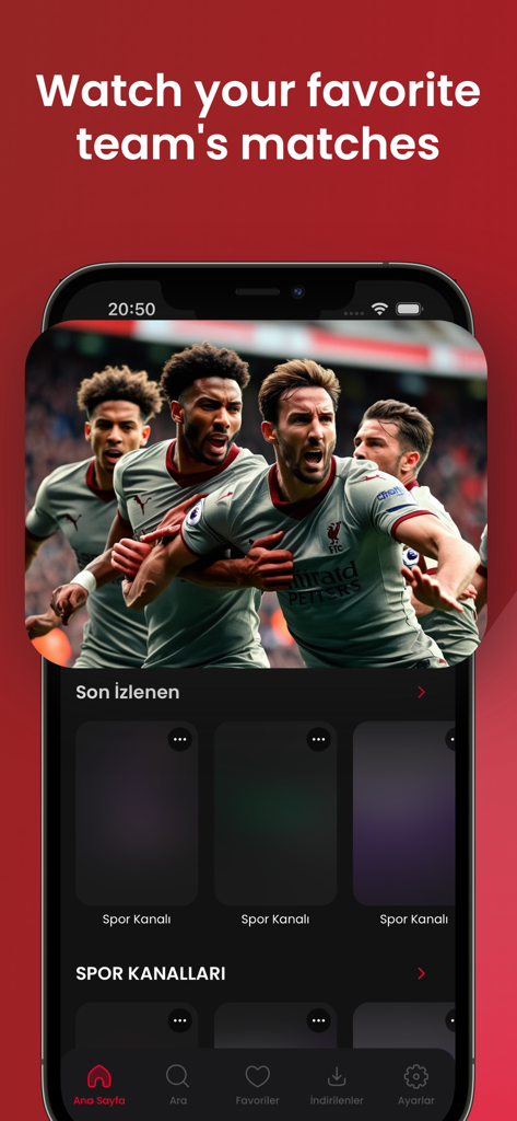 IPTV 4K HD Sports - UPlayer - IPTV UPlayer mobile app screen showing live soccer matches and sports channel categories