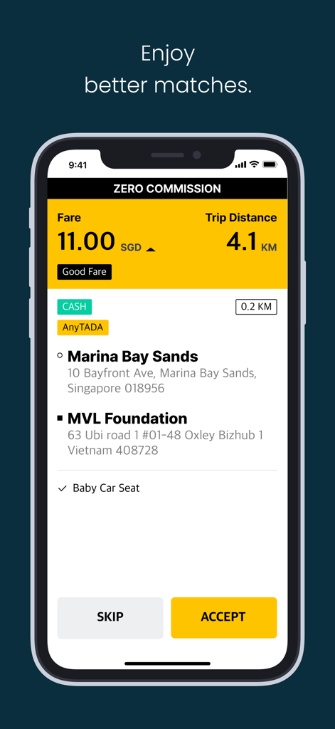 Interface of the TADA Driver app showing an incoming ride request with fare details and a zero commission notice.