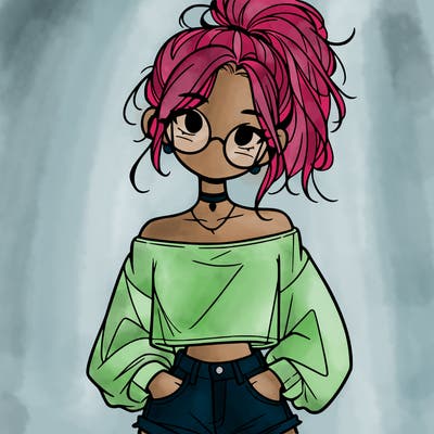 girl with a messy ponytail glasses a baggy crop top and jean shorts