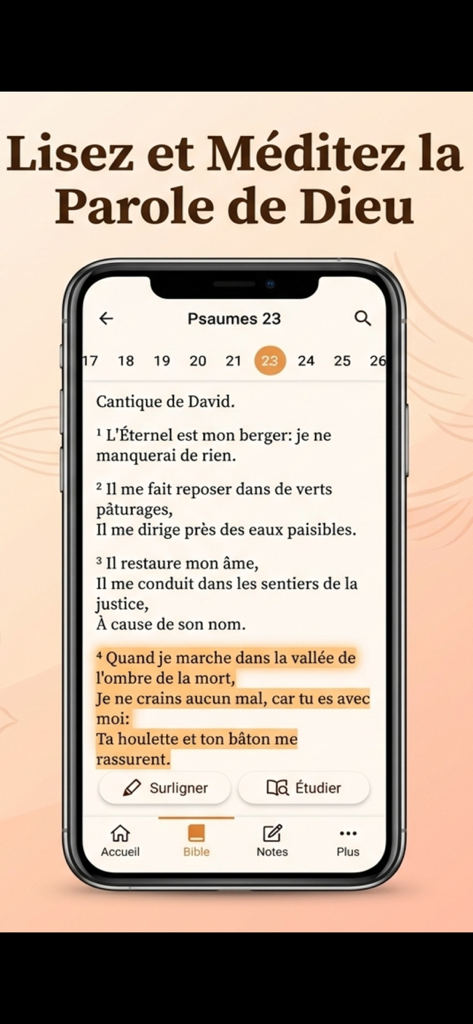 Mobile App-Bildschirm, der die französische Louis Segond-Übersetzung der Bibel mit Hervorhebung von Versen anzeigt